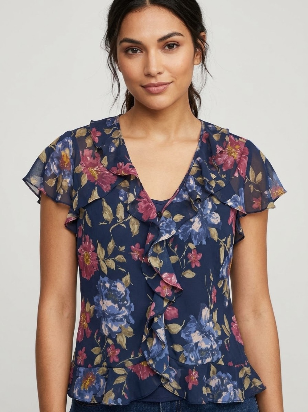 Chaps Navy Floral Ruffle-Sleeve Blouse Sheer Chiffon Medium